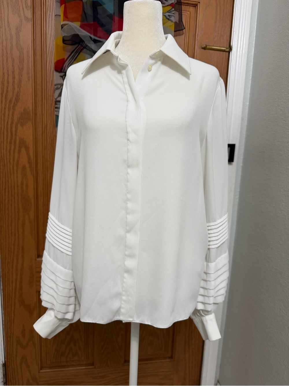Louis Vuitton Uniforms White Pleated Statement Sleeve Button Up Blouse L